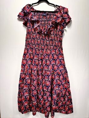 GAP Smocked Floral Maxi Dress Flutter Sleeve Cotton Tiered Pockets Feminine XXL